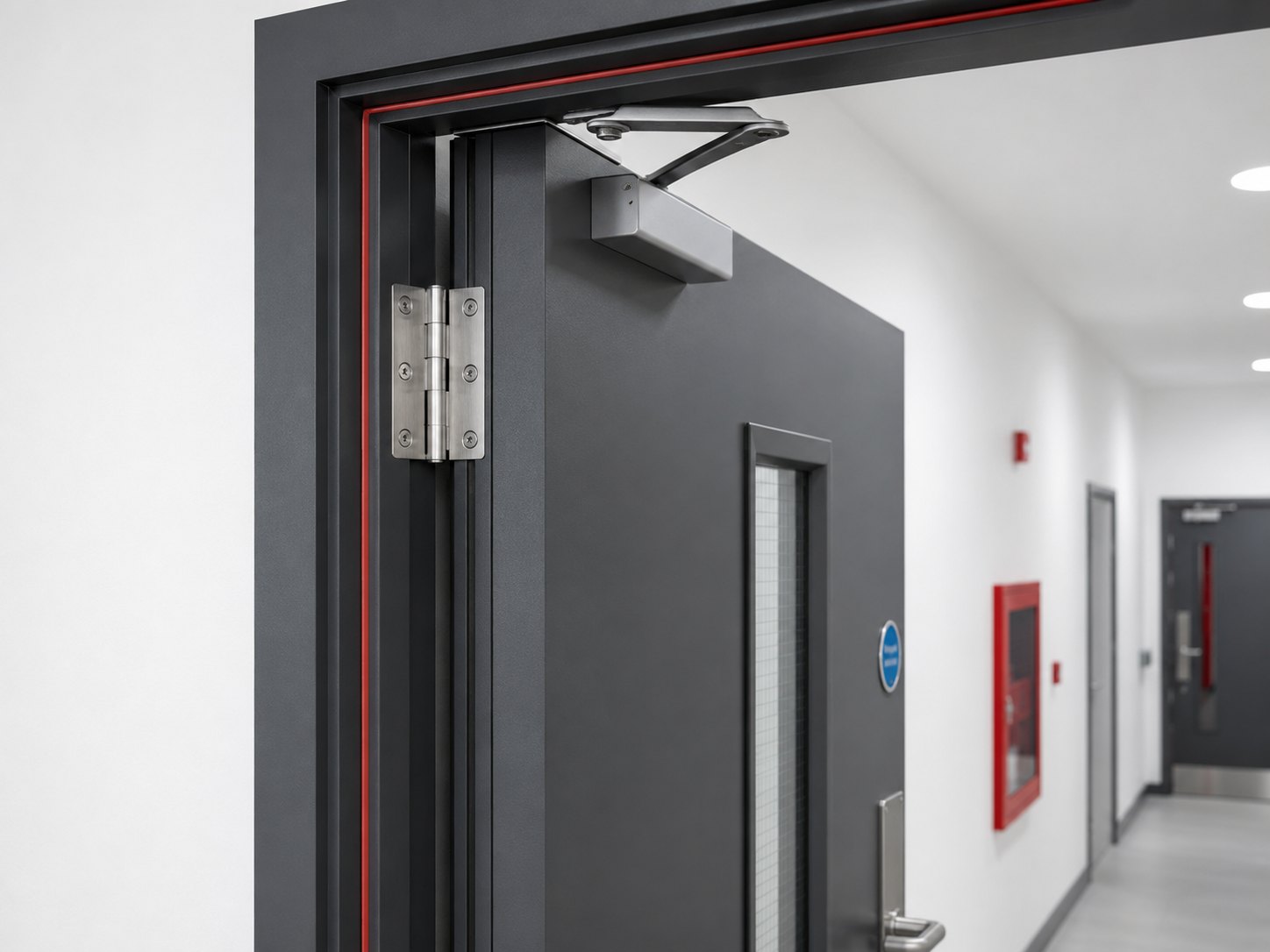 Fire door closer, hinge and seal detail